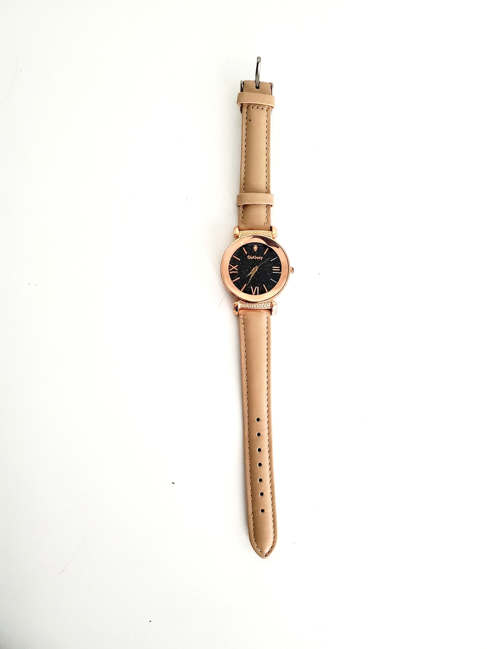 Rose Gold Accent Beige Leather Strap Watch with Black Dial